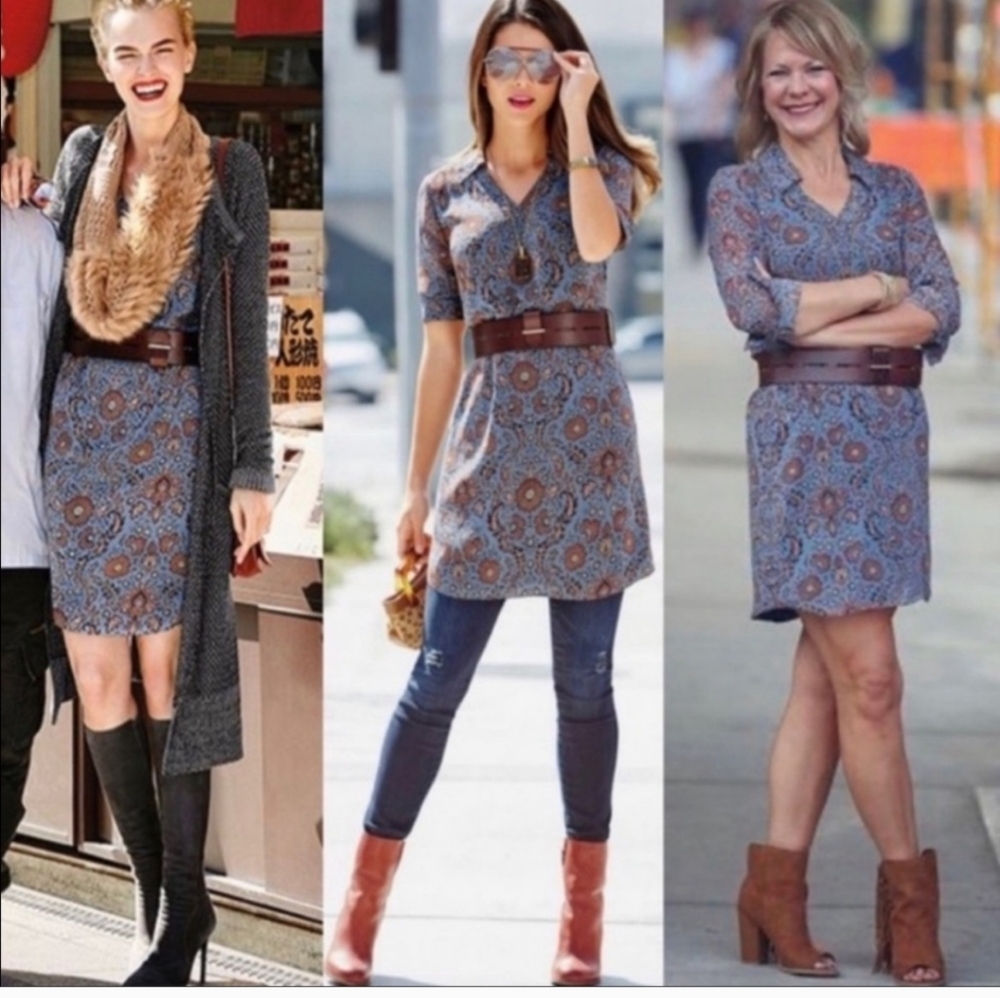 CAbi Blue Paisley Long Sleeve Dress without Brown Belt